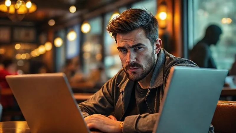 A photorealistic image of a digital nomad sitting in a bustling cafe, looking intensely at their laptop screen with a worried expression, while a blurred, shadowy figure in the background subtly glances over their shoulder. The cafe has warm, cinematic lighting, and the focus is sharp on the nomad's face and laptop, conveying a sense of vulnerability and the omnipresent threat of cyber attacks. 8K hyper-detailed, professional photography, shot on a high-end DSLR.