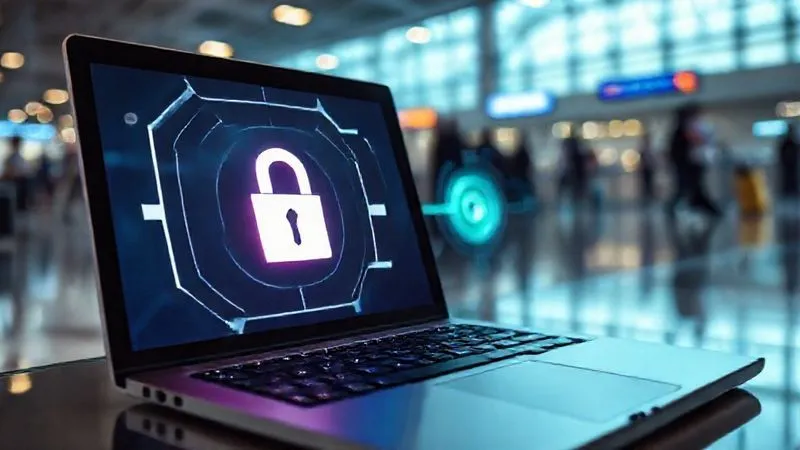 A photorealistic image depicting a laptop screen displaying a secure VPN connection, symbolized by a digital padlock and a glowing tunnel effect, superimposed over a blurred background of a bustling airport lounge. The laptop is in sharp focus, with cinematic lighting emphasizing the security features. The overall mood is one of peace of mind amidst chaos. 8K hyper-detailed, professional photography, shot on a high-end DSLR.
