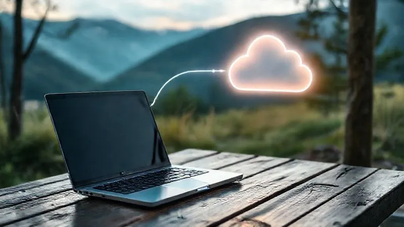 A photorealistic image of data flowing securely from a laptop into a stylized, glowing cloud icon, representing cloud backup. The laptop is on a rustic wooden table in a scenic outdoor setting, suggesting a digital nomad's workspace. Cinematic lighting highlights the data flow, and the mood is one of peace and security. 8K hyper-detailed, professional photography, shot on a high-end DSLR.