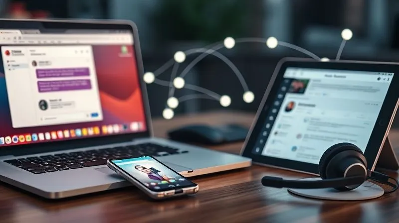 A photorealistic image depicting various communication channels converging: a laptop showing a live chat interface, a smartphone displaying an email, a tablet with a community forum, and a headset on a desk. The elements are interconnected by subtle glowing lines, symbolizing seamless communication. Cinematic lighting, sharp focus on the devices, depth of field, 8K hyper-detailed, shot on a high-end DSLR.