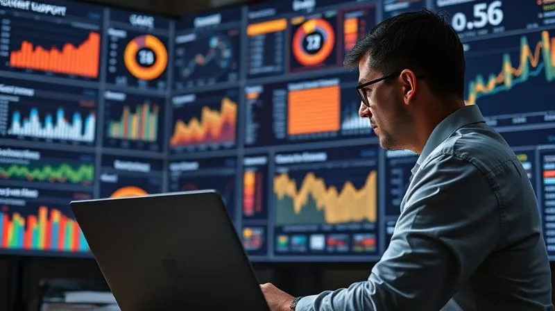 A photorealistic image of a data analyst examining a complex dashboard filled with charts and graphs representing customer support metrics: CSAT scores, response times, ticket volume, and resolution rates. The analyst is focused, with a laptop and multiple screens displaying detailed data. Cinematic lighting, sharp focus on the data, depth of field, 8K hyper-detailed, shot on a high-end DSLR.