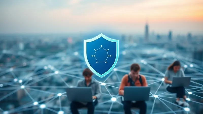 A photorealistic image of a digital shield icon overlaying a complex network of global data connections, with subtle glowing lines representing secure data flow. In the background, diverse digital nomads are working on laptops in various scenic locations, unaware of the robust security protecting their online interactions. Cinematic lighting, sharp focus on the shield and network, depth of field, 8K hyper-detailed, shot on a high-end DSLR.