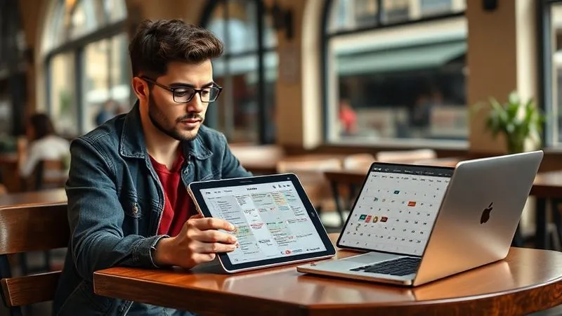 A photorealistic image of a digital nomad sitting comfortably in a charming European cafe, gazing thoughtfully at a tablet displaying a detailed travel itinerary and a calendar with scheduled tutoring sessions. A closed, sleek laptop rests beside them on the wooden table, with soft, natural light filtering in. The focus is on their contemplative expression, blending wanderlust with meticulous planning. Cinematic lighting, sharp focus on the foreground elements, depth of field blurring the cafe background, 8K hyper-detailed, professional photography.