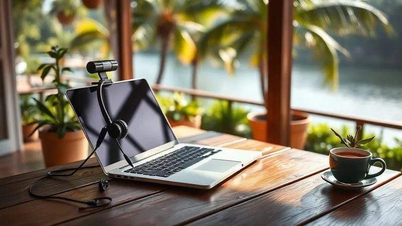 A photorealistic image of a highly organized and inviting online tutoring setup in an unconventional but aesthetically pleasing location. Perhaps a sleek laptop with an external webcam and professional headset is positioned on a rustic wooden table on a quiet, sun-drenched terrace overlooking a lush, tropical garden or a serene lake. The background is softly blurred, emphasizing the clean workspace. A small, elegant plant or a cup of herbal tea sits nearby, adding to the calm and focused atmosphere. Cinematic lighting, sharp focus on the workspace, depth of field creating a pleasant bokeh, 8K hyper-detailed, professional photography.