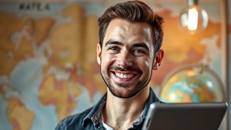 A photorealistic image of a confident and approachable digital nomad tutor, a man with a warm smile, looking directly into the camera. The background is a beautifully blurred blend of travel and technology elements – a vintage map, a sleek tablet, a passport, and a globe, subtly suggesting global reach and expertise. The lighting is soft and professional, highlighting his friendly demeanor and professionalism. Sharp focus on the tutor, depth of field creating an inviting bokeh, 8K hyper-detailed, professional photography.