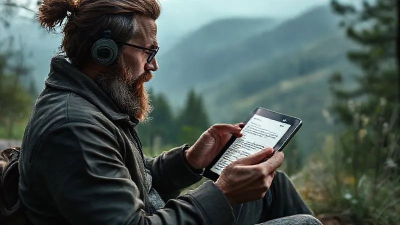 A photorealistic image of a digital nomad thoughtfully reviewing a detailed email on a tablet, surrounded by a serene natural landscape, with a subtle indication of a time difference on a world clock widget, cinematic lighting, 8K, hyper-detailed.