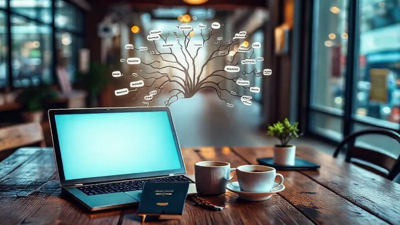 A photorealistic, professional photography, 8K, cinematic lighting, sharp focus, depth of field, shot on a high-end DSLR, depicting a detailed mind map emerging from a glowing laptop screen, with branches representing 'Freedom', 'Adventure', 'Community', 'Remote Work', 'Minimalism', and 'Purpose', surrounded by elements like a passport, a coffee cup, and a small plant, on a rustic wooden table in a coworking space with a blurred background of a bustling street in a foreign city. The mood is thoughtful and aspirational.