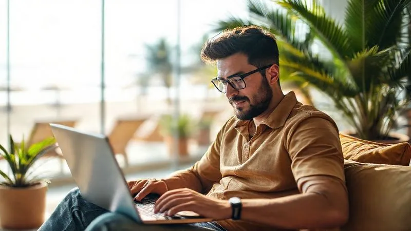 A photorealistic, professional photography, 8K, cinematic lighting, sharp focus, depth of field, shot on a high-end DSLR, depicting a digital nomad, male or female, mid-20s to mid-30s, with a laptop open, engaging in a video call or webinar. They are sitting comfortably in a vibrant, sunlit co-working space in a tropical location, with palm trees and a blurred beach in the background. The mood is focused, productive, and inspired by the surroundings.