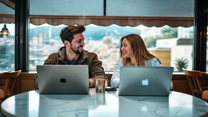 A photorealistic, professional photography, 8K, cinematic lighting, sharp focus, depth of field, shot on a high-end DSLR, depicting two digital nomads, one male and one female, in their late 20s, collaborating on separate laptops at a shared table in a brightly lit cafe overlooking a scenic European city. They are smiling, engaged in conversation, and appear to be brainstorming or working on a joint project. The atmosphere is collaborative and inspiring, with travel elements subtly in the background.