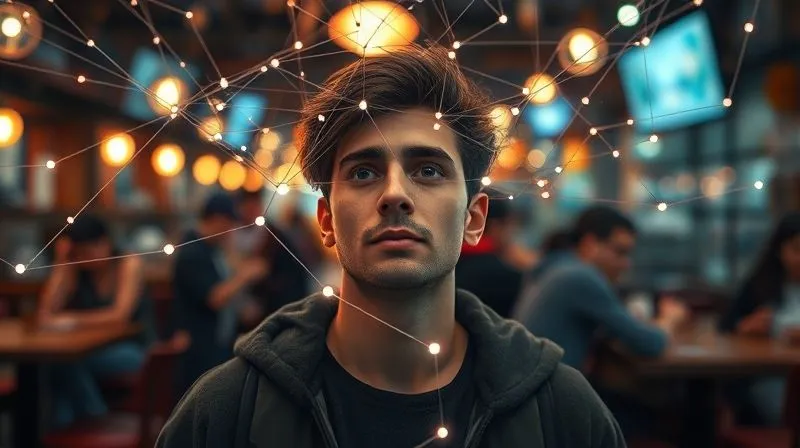 A photorealistic, professional photography, 8K, cinematic lighting, sharp focus, depth of field, shot on a high-end DSLR, depicting a single digital nomad looking overwhelmed by a tangled, chaotic web of glowing, disconnected lines representing superficial online connections, against a blurred background of a bustling cafe. The mood is one of isolation amidst noise.