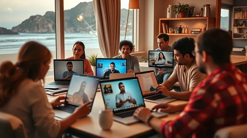 A photorealistic, professional photography, 8K, cinematic lighting, sharp focus, depth of field, shot on a high-end DSLR, depicting a vibrant, interconnected network of diverse digital nomads, each in a different corner of the world (e.g., a beach, a mountain cafe, a city apartment), all engaged in a virtual meeting on their screens, bathed in soft, warm light. The image conveys a sense of global community and focused engagement.