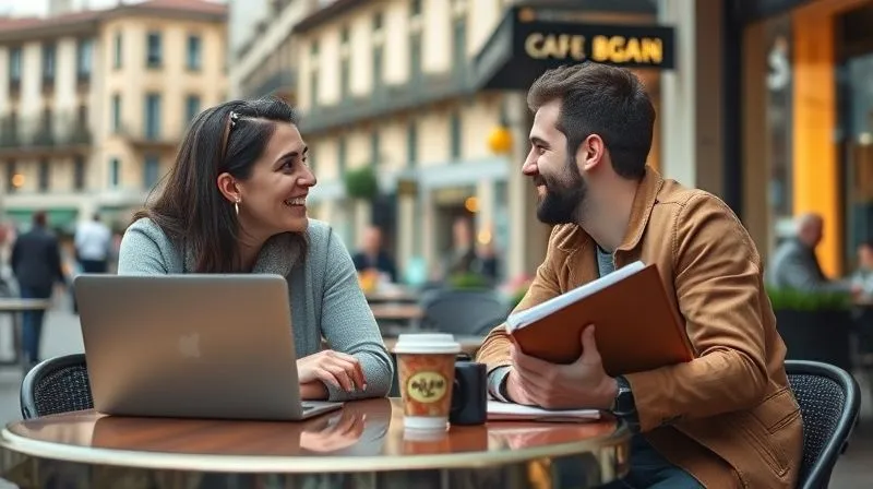 A photorealistic, professional photography, 8K, cinematic lighting, sharp focus, depth of field, shot on a high-end DSLR, depicting two digital nomads, one with a laptop, the other with a notebook, deeply engaged in conversation at a vibrant cafe table in a bustling European city, with blurred historic architecture in the background. The scene conveys genuine connection and the joy of meeting in person after an online connection.
