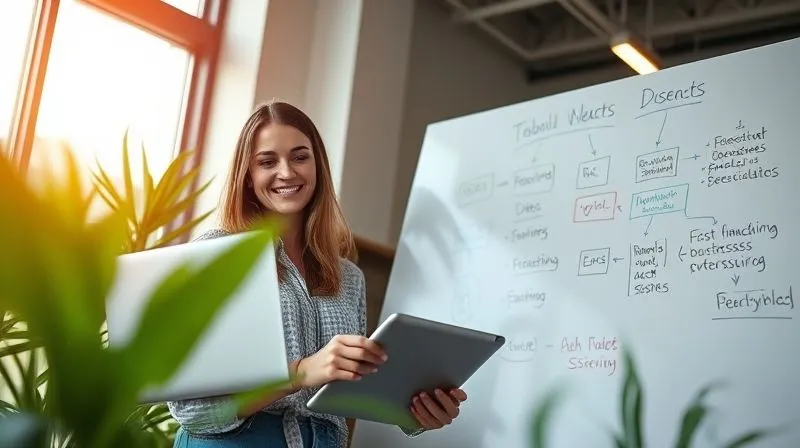 A photorealistic, professional photography, 8K, cinematic lighting, sharp focus, depth of field, shot on a high-end DSLR, depicting two digital nomads, one a woman with a laptop and a man with a tablet, brainstorming ideas on a whiteboard in a modern, sunlit co-working space. They are smiling, engaged, and surrounded by plants, symbolizing growth and collaboration. The image conveys shared ideas, innovation, and mutual support.