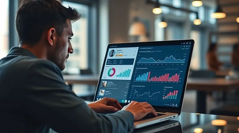 A photorealistic, professional photography, 8K, cinematic lighting, sharp focus, depth of field, shot on a high-end DSLR, of a digital nomad intently analyzing a complex data dashboard on a laptop. The screen displays various graphs and charts related to Instagram analytics (engagement rates, click-throughs, sales conversions). The background is a minimalist, modern coworking space in a bustling city, suggesting focus amidst activity. The lighting highlights the data, conveying clarity and insight.