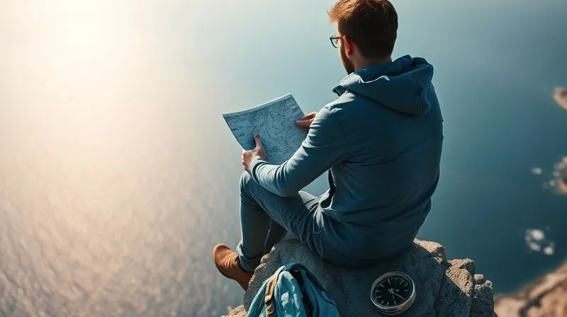 A photorealistic image of a person sitting on a cliff edge overlooking a vast ocean, holding a compass and a map, symbolizing strategic direction and goal setting for a digital nomad. Cinematic lighting, sharp focus on the person and instruments, 8K hyper-detailed, professional photography, depth of field blurring the distant horizon, shot on a high-end DSLR.