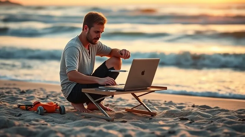 A photorealistic image of a digital nomad setting up a portable workstation with a laptop and notebook on a beach at sunrise, symbolizing a flexible yet structured learning routine. Cinematic lighting with warm morning hues, sharp focus on the organized setup, 8K hyper-detailed, professional photography, depth of field blurring the ocean waves, shot on a high-end DSLR.