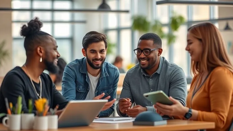 A photorealistic image of diverse digital nomads collaborating and sharing ideas in a modern, sunlit co-working space, fostering a sense of community and shared learning. Cinematic lighting, sharp focus on the engaging interactions, 8K hyper-detailed, professional photography, depth of field blurring the background, shot on a high-end DSLR.