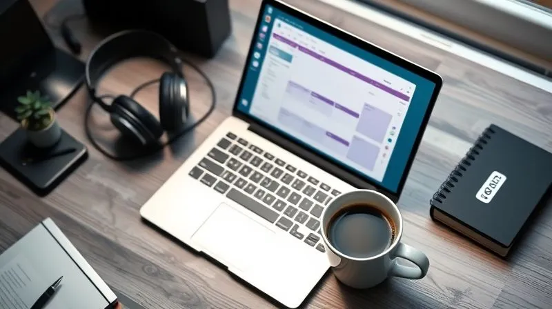 A photorealistic flat lay image of a digital nomad's organized desk setup, featuring a sleek laptop, noise-cancelling headphones, a well-organized digital planner on screen, and a cup of coffee, symbolizing efficient learning tools. Cinematic lighting, sharp focus on the essentials, 8K hyper-detailed, professional photography, depth of field blurring the background slightly, shot on a high-end DSLR.