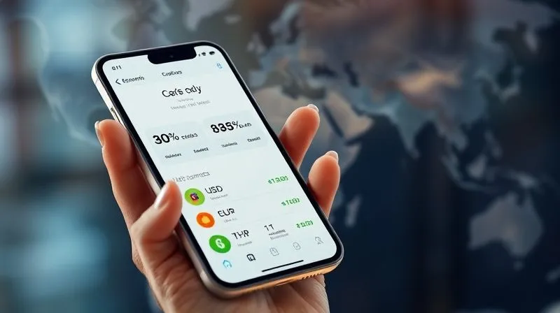 Photorealistic image of a sleek, modern smartphone displaying a financial app with multiple currency balances (USD, EUR, GBP, THB) and a low transaction fee notification. In the background, a hand holding a multi-currency debit card with a blurred map of the world. Cinematic lighting, sharp focus, depth of field, 8K hyper-detailed, professional photography, shot on a high-end DSLR.
