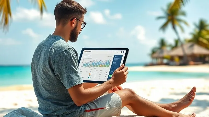 Photorealistic image of a digital nomad sitting on a beach, working on a tablet. The tablet screen displays a financial dashboard with real-time currency exchange rates and budget alerts. The background shows a serene tropical beach with palm trees and clear blue water, emphasizing the freedom enabled by smart financial management. Cinematic lighting, sharp focus on the tablet and nomad, depth of field, 8K hyper-detailed, professional photography, shot on a high-end DSLR.