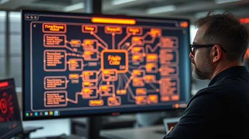 A photorealistic image of a complex, aging software architecture diagram with highlighted sections showing 'fragile code', 'performance bottlenecks', and 'maintenance hotspots', overlaid with a subtle red glow indicating problems. The diagram is displayed on a large monitor in a modern office, with a focused software developer looking at it with a concerned expression. Cinematic lighting, sharp focus, depth of field, 8K hyper-detailed, professional photography.