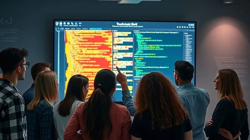 A photorealistic image of a team of diverse software developers clustered around a large monitor displaying a 'technical debt heatmap' of a codebase. The heatmap uses colors (red for high debt, green for low) to visually represent areas of concern. The team members are pointing and discussing, showing engagement. Cinematic lighting, sharp focus on the screen and team, depth of field, 8K hyper-detailed, professional photography.