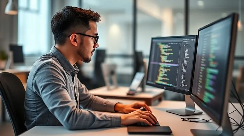 A photorealistic image of two software developers engaged in pair programming, sitting side-by-side at a desk with two monitors. One developer is actively typing, while the other is observing and providing feedback, pointing at the screen. The atmosphere is collaborative and focused, with clean, modern office lighting. Cinematic lighting, sharp focus on the developers and screens, depth of field, 8K hyper-detailed, professional photography.