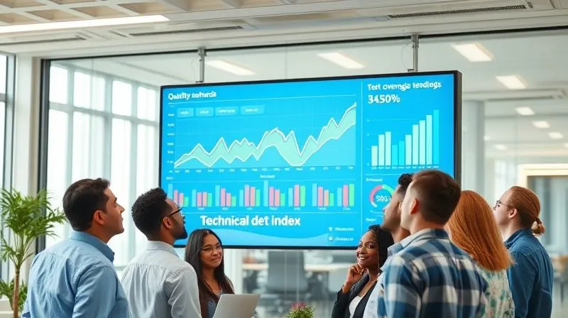 A photorealistic image of a modern, brightly lit office space with a large digital dashboard displaying various quality metrics: bug count trending downwards, test coverage trending upwards, and a 'technical debt index' showing a decrease. A diverse team is looking at the dashboard with positive expressions, indicating successful management. Cinematic lighting, sharp focus on the dashboard and team, depth of field, 8K hyper-detailed, professional photography.