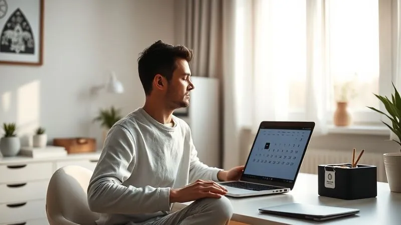 A photorealistic image of a person meditating calmly in a minimalist home office, with a laptop open on a clean desk displaying a well-organized digital calendar. Soft, natural light streams through a window, creating a serene and focused atmosphere. 8K, cinematic lighting, sharp focus, depth of field, professional photography, shot on a high-end DSLR.
