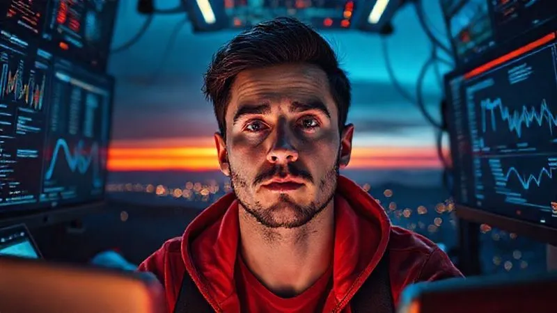 A photorealistic image of a digital nomad looking overwhelmed, surrounded by glowing screens and tasks, with a beautiful but distant landscape in the background, symbolizing the struggle between work and lifestyle. Cinematic lighting, sharp focus on the nomad's face, 8K, professional photography, shot on a high-end DSLR.