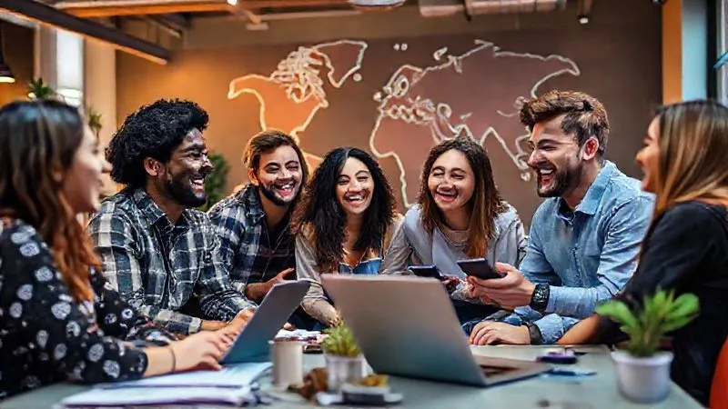 A photorealistic image of a diverse group of digital nomads collaborating and laughing in a vibrant co-working space, with a global map subtly in the background. Cinematic lighting, sharp focus on the interactions, 8K, professional photography, shot on a high-end DSLR.