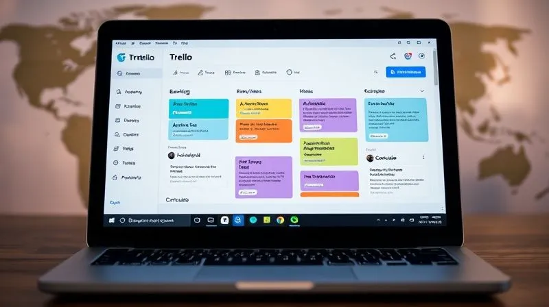 A photorealistic screenshot of a well-organized Trello board on a laptop screen. The board has five distinct lists: 'Backlog/Ideias', 'A Fazer (Próximos 7 Dias)', 'Em Andamento (Hoje)', 'Aguardando Feedback', and 'Concluído'. Each list contains colorful cards with clear task titles and some labels. The background of the Trello board is a subtle, inspiring image of a global map. Cinematic lighting, sharp focus on the Trello interface, depth of field blurring the laptop's surroundings, 8K hyper-detailed, professional photography, shot on a high-end DSLR.