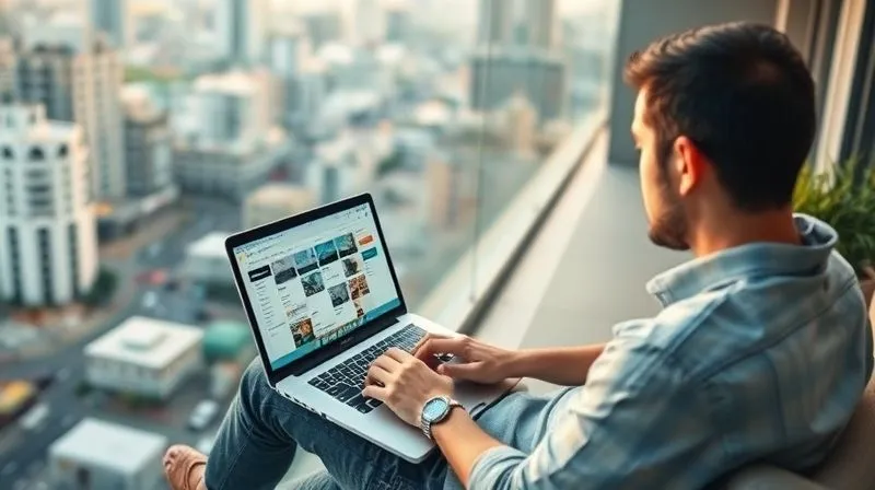 A photorealistic image of a digital nomad sitting comfortably on a balcony overlooking a bustling city, with a laptop open displaying a Trello board. The person is thoughtfully reviewing the board, perhaps making adjustments to cards. The scene is bathed in soft, early morning light, conveying a sense of calm focus amidst a dynamic environment. Cinematic lighting, sharp focus on the person and laptop, depth of field blurring the city background, 8K hyper-detailed, professional photography, shot on a high-end DSLR.