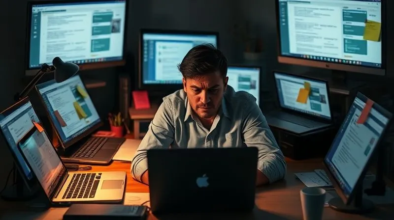A photorealistic image of a person sitting at a desk, surrounded by multiple open laptop screens, tablets, and sticky notes, looking visibly overwhelmed and stressed. The lighting is dim, casting long shadows, emphasizing the feeling of being buried under tasks. Sharp focus on the person's anxious expression, depth of field blurring the chaotic background, 8K hyper-detailed, professional photography, shot on a high-end DSLR, conveying the struggle with information overload and lack of clear priorities.