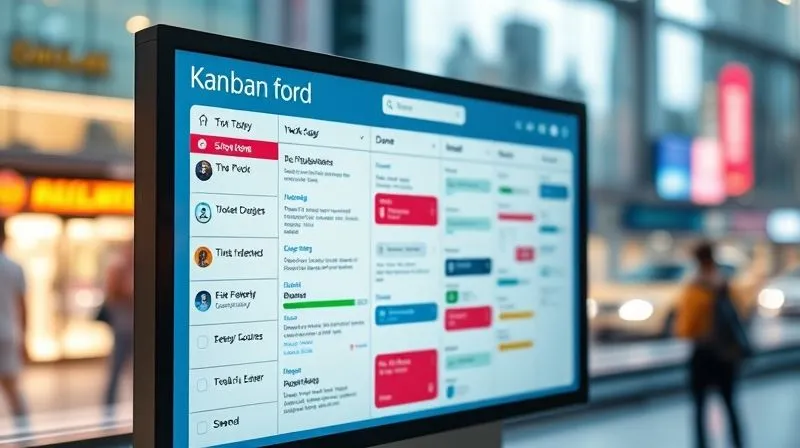 A photorealistic image of a Kanban board on a digital screen, with tasks moving from "To Do" to "Done", reflecting a smooth workflow. The background shows a blurry but vibrant cityscape, hinting at a dynamic travel environment. Cinematic lighting, sharp focus on the board, depth of field, 8K hyper-detailed, professional photography, shot on a high-end DSLR.