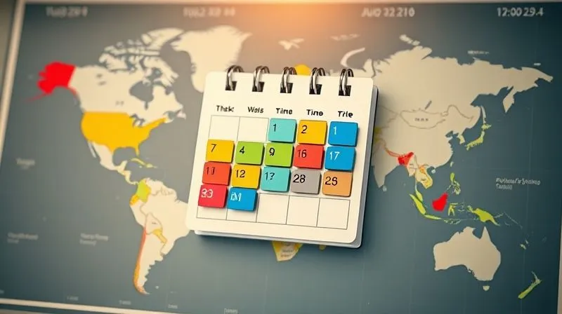 A photorealistic image of a stylized calendar or planner, with color-coded blocks representing different tasks and personal time, overlaid on a map of the world with various time zones. Cinematic lighting, sharp focus on the calendar, depth of field blurring the map, 8K hyper-detailed, professional photography, shot on a high-end DSLR.