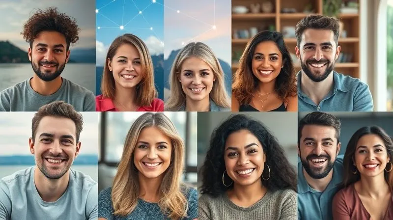 A photorealistic image of a diverse group of smiling people, each in a different remote location (e.g., beach, mountain cabin, city apartment), connected virtually through a glowing network overlay, symbolizing trust and collaboration across distances. Cinematic lighting, sharp focus on the faces, depth of field, 8K hyper-detailed, professional photography, shot on a high-end DSLR.