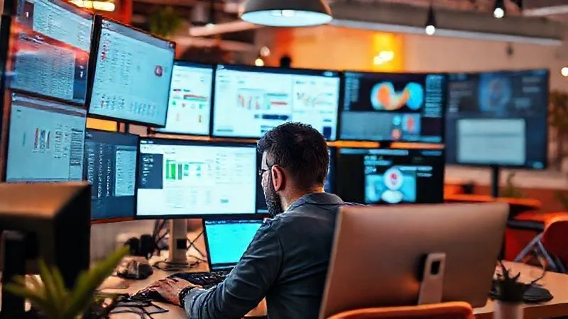 A photorealistic, professional photography of a digital nomad working from a vibrant co-working space, surrounded by various screens displaying project management dashboards (like Jira or Trello), communication apps (Slack), and document collaboration tools. The lighting is bright and energetic, with a sharp focus on the person and their screens, depth of field blurring the background elements subtly. 8K, cinematic lighting, shot on a high-end DSLR.