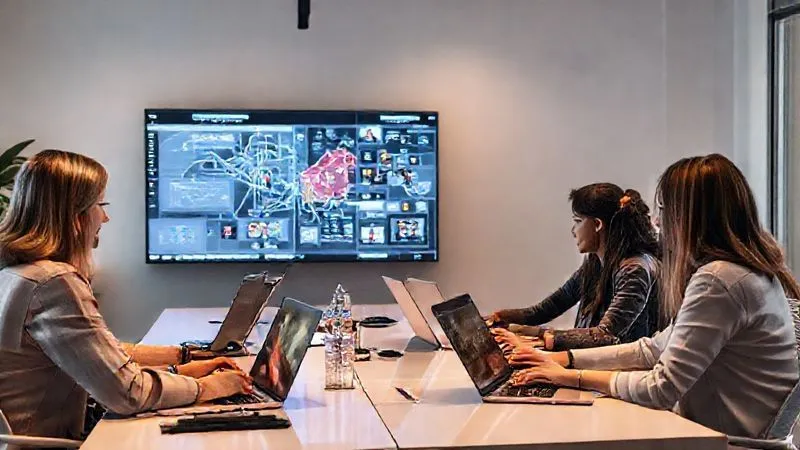 A photorealistic image of a diverse group of professionals from different time zones collaborating seamlessly on a complex project displayed on a large screen, with various communication tools open on their individual laptops. The setting is a modern, minimalist digital office, emphasizing connection despite distance, with soft, ambient lighting. 8K, cinematic lighting, sharp focus, depth of field, shot on a high-end DSLR.