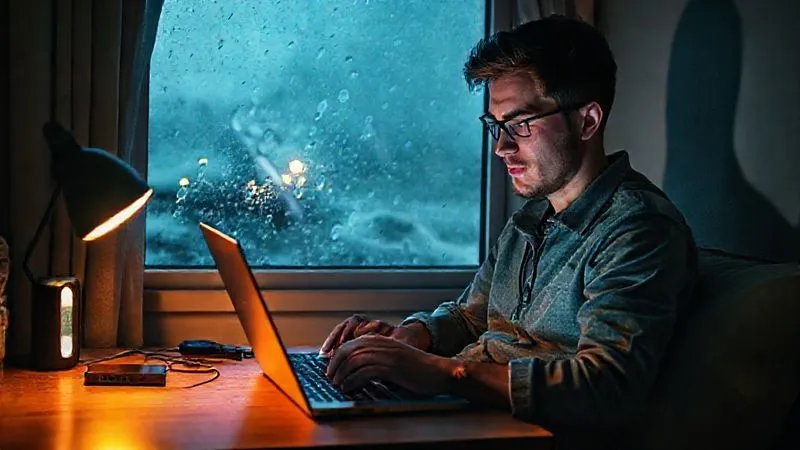 A photorealistic image of a digital nomad calmly working on a laptop in a dimly lit room, illuminated by the screen and a small, portable lamp. Outside, a storm rages, visible through a window, symbolizing resilience against unexpected interruptions. A portable hotspot and power bank are visible nearby. Cinematic lighting, 8K hyper-detailed, depth of field, shot on a high-end DSLR.