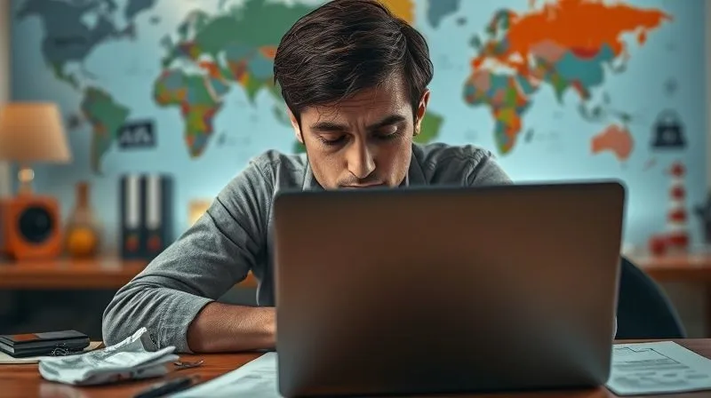 A photorealistic image depicting a person sitting at a laptop, with a blurred background showing various travel destinations. The person's face shows signs of exhaustion and stress, with a subtle glow of a screen reflecting in their eyes. Dark circles under eyes, a half-eaten meal, and scattered papers on the desk convey overwhelm. Professional photography, 8K, cinematic lighting, sharp focus on the person, depth of field, shot on a high-end DSLR.