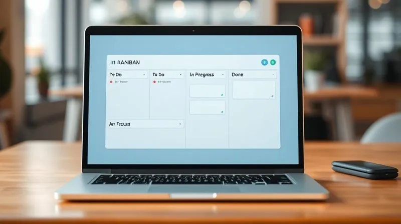 A photorealistic image of a minimalist digital Kanban board displayed on a laptop screen, showing tasks organized into 'To Do', 'In Progress', and 'Done' columns. The 'In Progress' column has only one or two cards, emphasizing focus. The background shows a modern, clean workspace. Professional photography, 8K, cinematic lighting, sharp focus on the screen, depth of field, shot on a high-end DSLR.