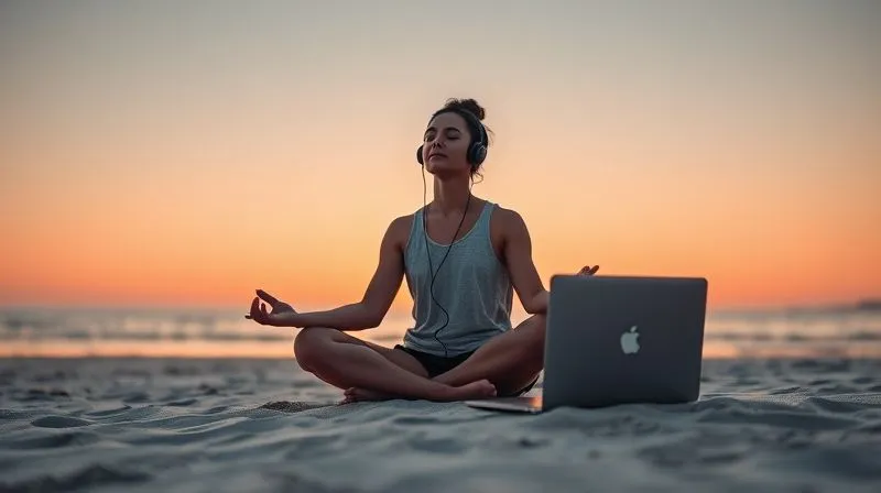 A photorealistic image of a digital nomad sitting calmly on a beach at sunset, meditating with eyes closed, headphones on. The laptop is closed and placed beside them, symbolizing disconnection. The scene is serene and peaceful, with warm, cinematic lighting. Professional photography, 8K, sharp focus on the person, depth of field, shot on a high-end DSLR.