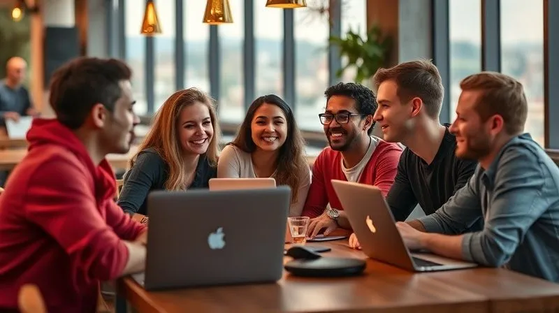 A photorealistic image of a diverse group of digital nomads, smiling and engaged in conversation, sitting at a communal table in a vibrant coworking space or a cafe with a view. Laptops are present but not the focus, emphasizing human connection. The atmosphere is warm and collaborative, with cinematic lighting. Professional photography, 8K, sharp focus on the faces, depth of field, shot on a high-end DSLR.
