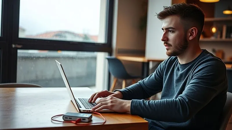 A photorealistic image of a digital nomad, a young man, sitting calmly in a vibrant coworking space in Lisbon, Portugal, looking at his laptop with a serene expression, while outside the window, a light rain is falling. He has a backup power bank and a local SIM card visibly on his desk, symbolizing preparedness and resilience, cinematic lighting, sharp focus, depth of field, 8K hyper-detailed, professional photography, shot on a high-end DSLR.