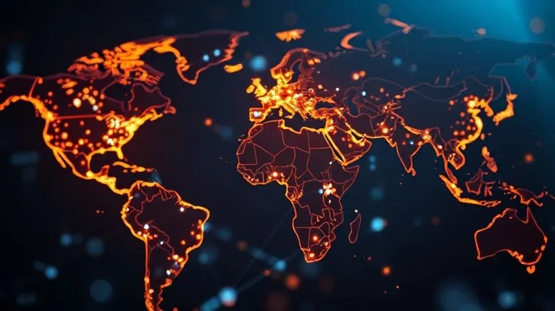 A photorealistic image of a glowing, interconnected global network map, with vibrant lines of light flowing between major cities across different continents, symbolizing seamless communication and collaboration in a remote project, cinematic lighting, sharp focus, depth of field, 8K hyper-detailed, professional photography, shot on a high-end DSLR.
