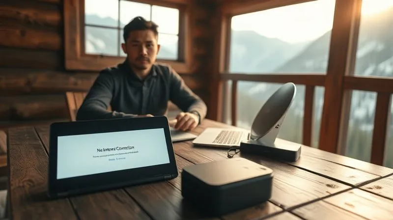 A photorealistic image of a digital nomad, looking calm and prepared, sitting at a rustic wooden table in a remote, beautiful mountain lodge. On the table, there's a laptop with a 'No Internet Connection' error message on the screen, but next to it, a portable satellite internet device (Starlink-like) is clearly visible and active, along with a charged power bank. The scene emphasizes readiness and problem-solving, cinematic lighting, sharp focus, depth of field, 8K hyper-detailed, professional photography, shot on a high-end DSLR.