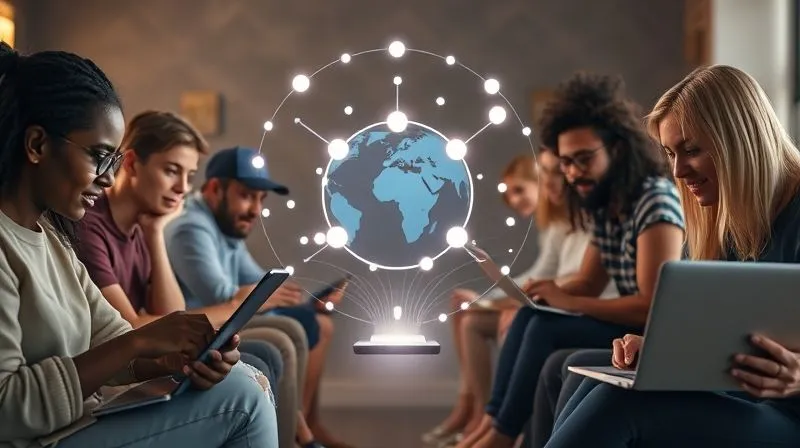 A photorealistic image of a diverse group of digital nomads from different cultural backgrounds, each on their laptop or tablet, engaged in a live online workshop. A central, glowing communication hub visually connects them, symbolizing seamless synchronous and asynchronous interaction across time zones. Cinematic lighting, sharp focus on the individuals and their devices, depth of field blurring the global background. Professional photography, 8K hyper-detailed.
