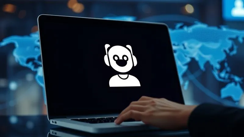 A photorealistic image of a friendly, minimalist chatbot icon integrated seamlessly into a laptop screen, interacting with a user. The background shows a global network of connections and data flow, symbolizing efficient and scalable online support. Cinematic lighting, sharp focus on the chatbot interface, depth of field blurring the abstract background. Professional photography, 8K hyper-detailed.