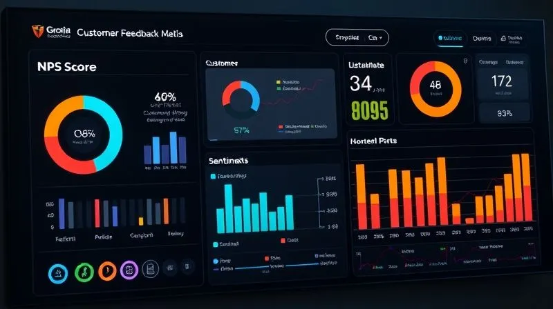 A photorealistic image of a sleek dashboard displaying various customer feedback metrics: NPS score, CSAT, customer churn rate, and sentiment analysis. Data visualizations like pie charts and bar graphs glow with cinematic lighting on a dark interface, with a sharp focus on the data, suggesting insightful analysis for continuous improvement. Professional photography, 8K hyper-detailed.
